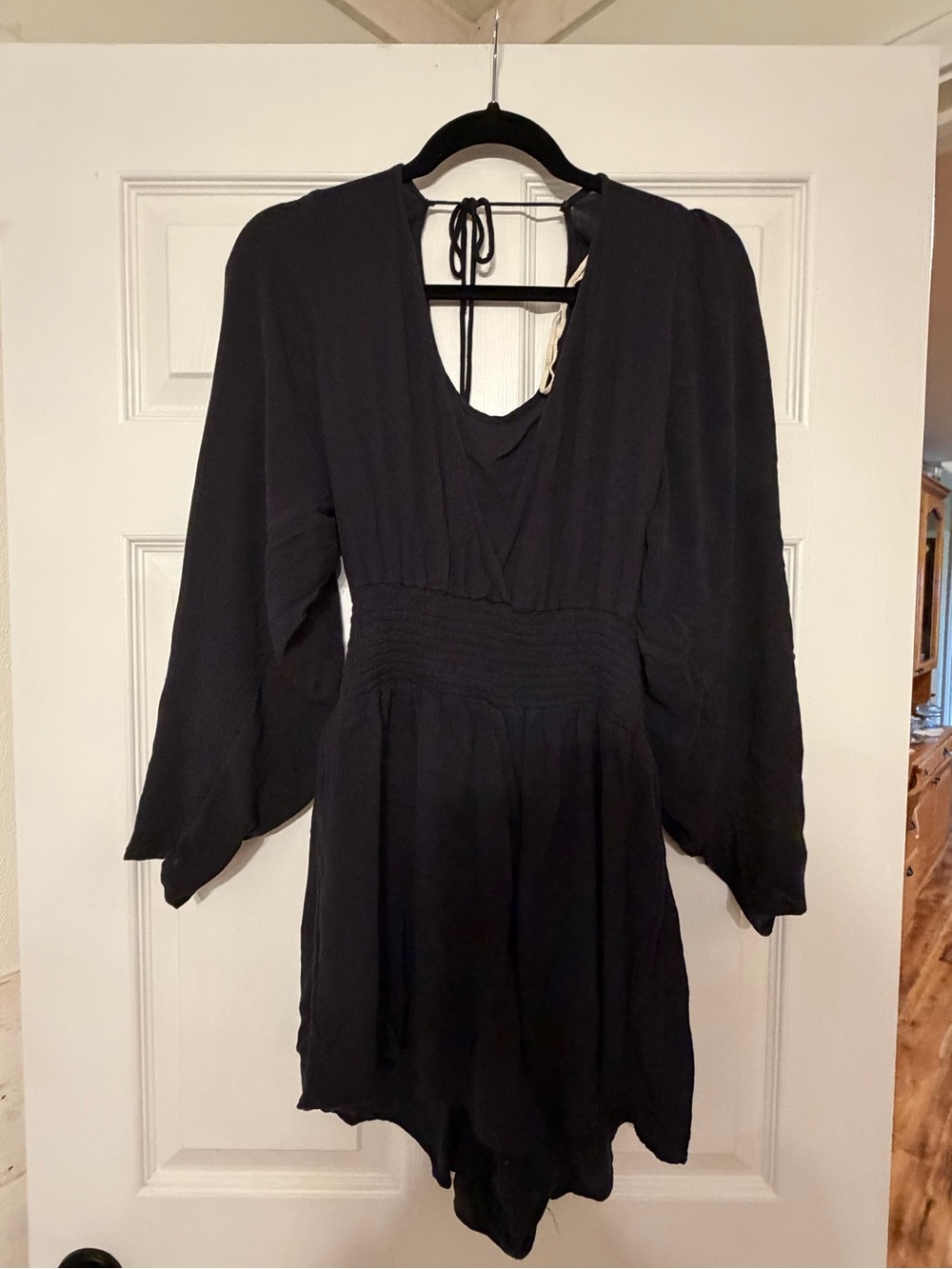 Free People Black Long-Sleeve V-Neck Romper with Tie Back